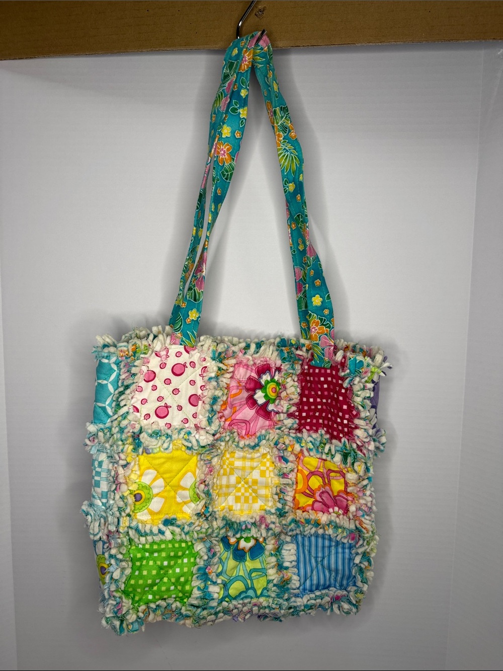 Patchwork Homemade Floral Quilted Tote Bag - Turquoise Multi